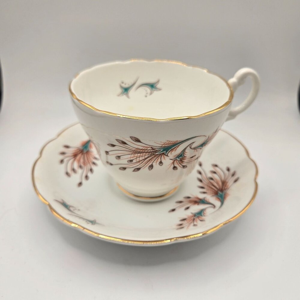 Vintage Marlborough Bone China Cup Saucer Set Gold Trim Peacock Feather Made In